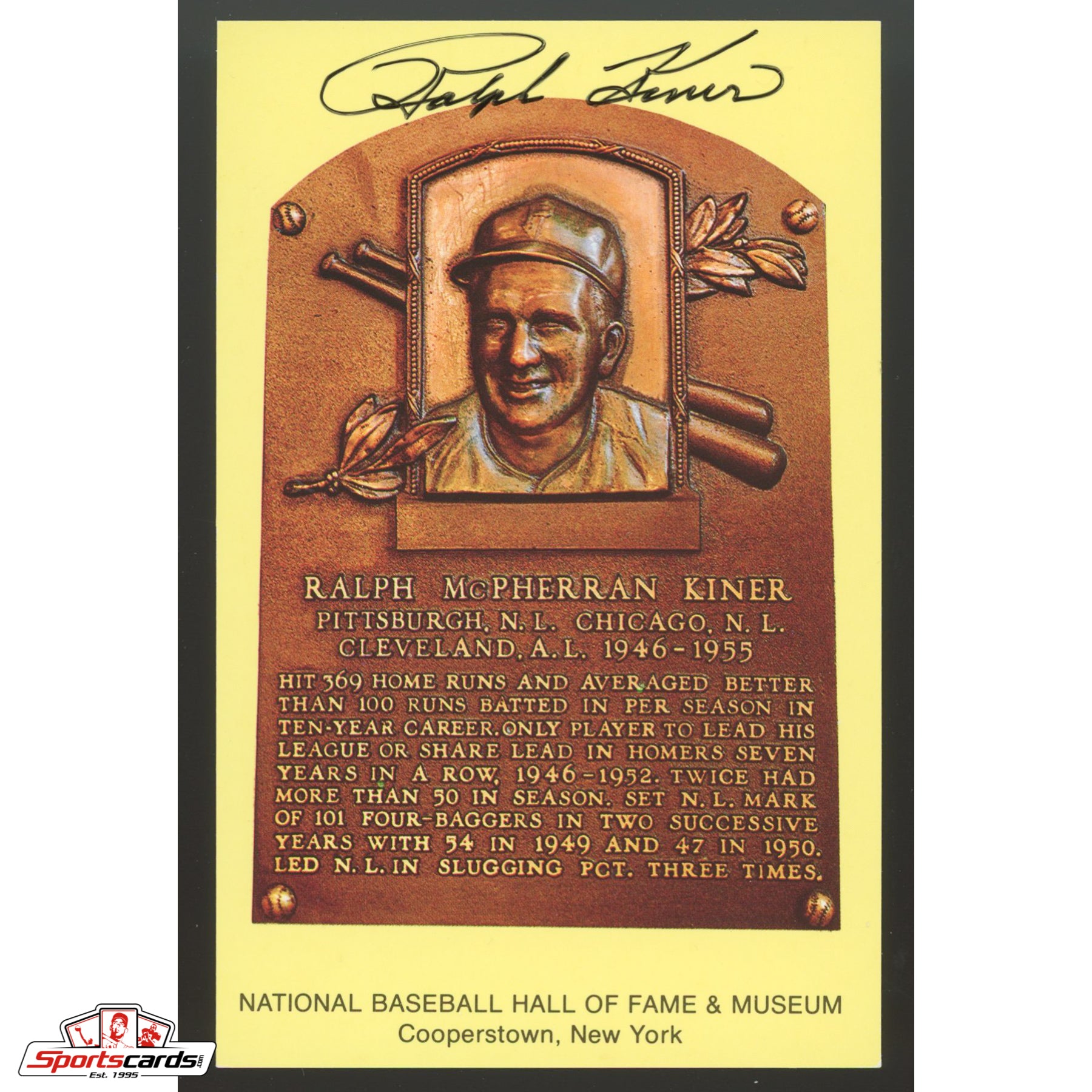 Ralph Kiner Signed Auto Hall of Fame HOF Postcard - JSA