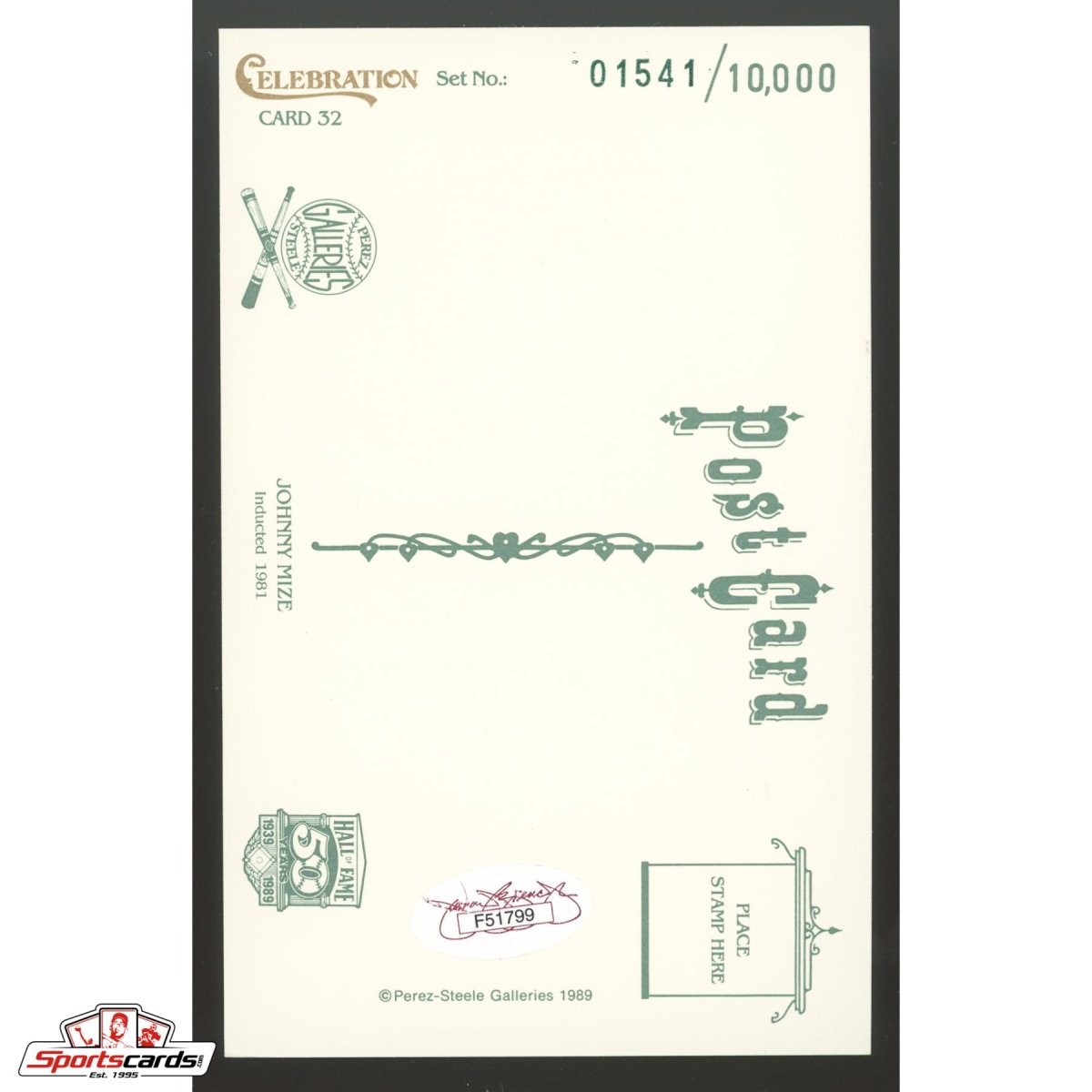 Johnny Mize Signed Perez-Steele Postcard - JSA