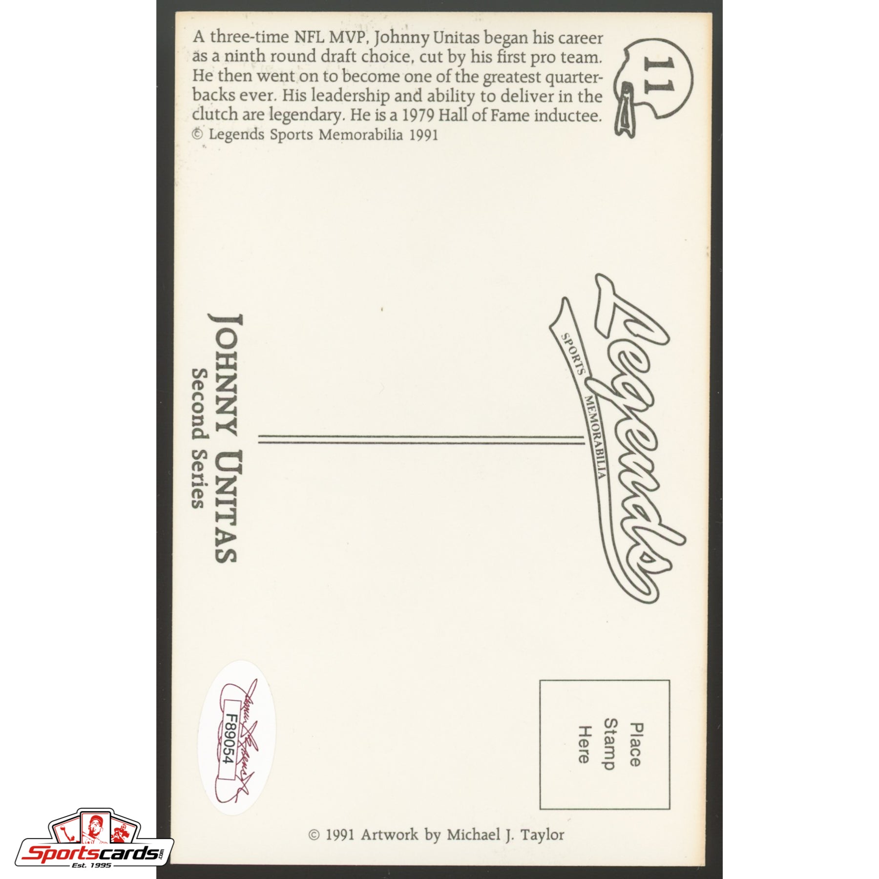 Johnny Unitas Signed Auto 1991 Legends Postcard - JSA