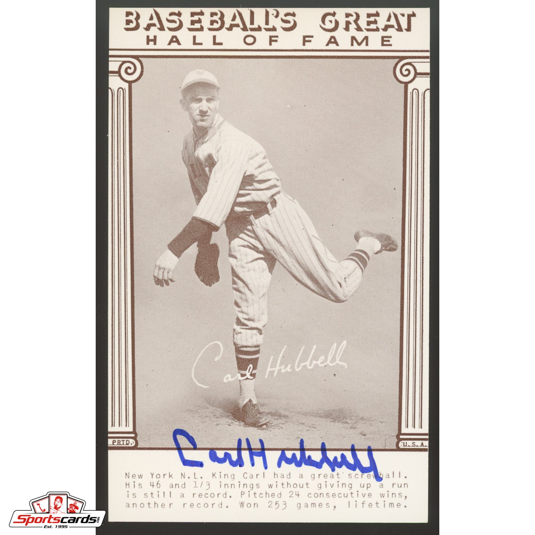 Carl Hubbell Signed Auto Baseball's Great Exhibit Reprint Card - PSA