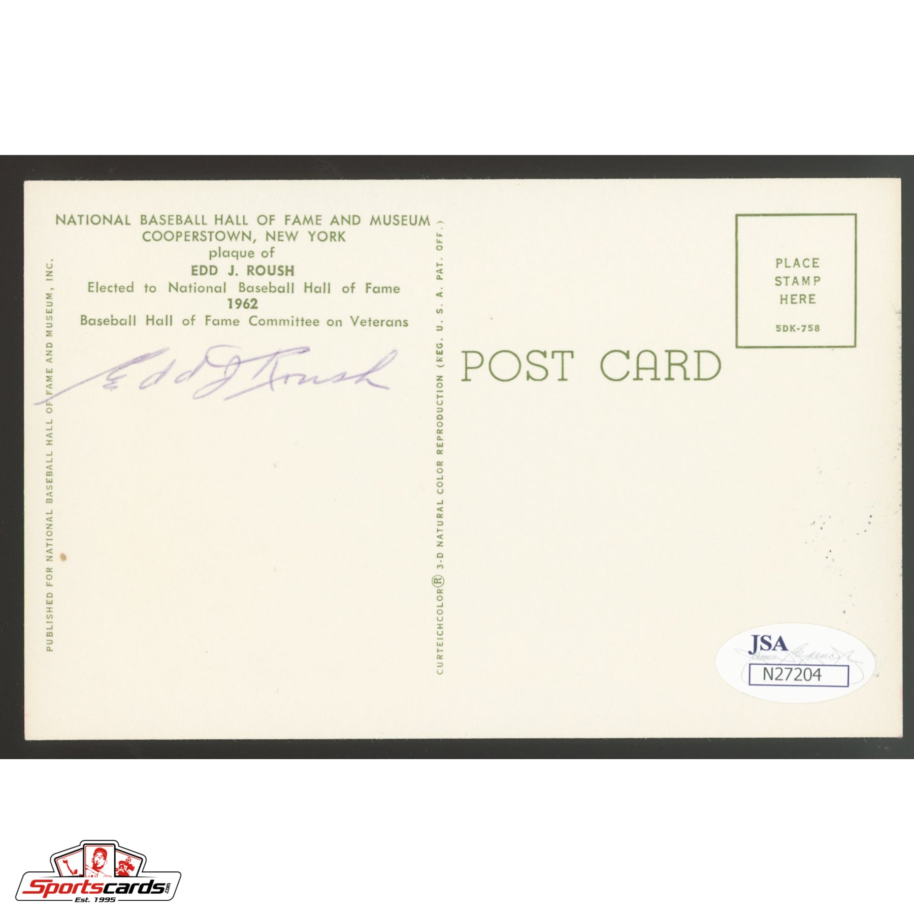Edd Roush Signed Auto Hall of Fame HOF Postcard - JSA