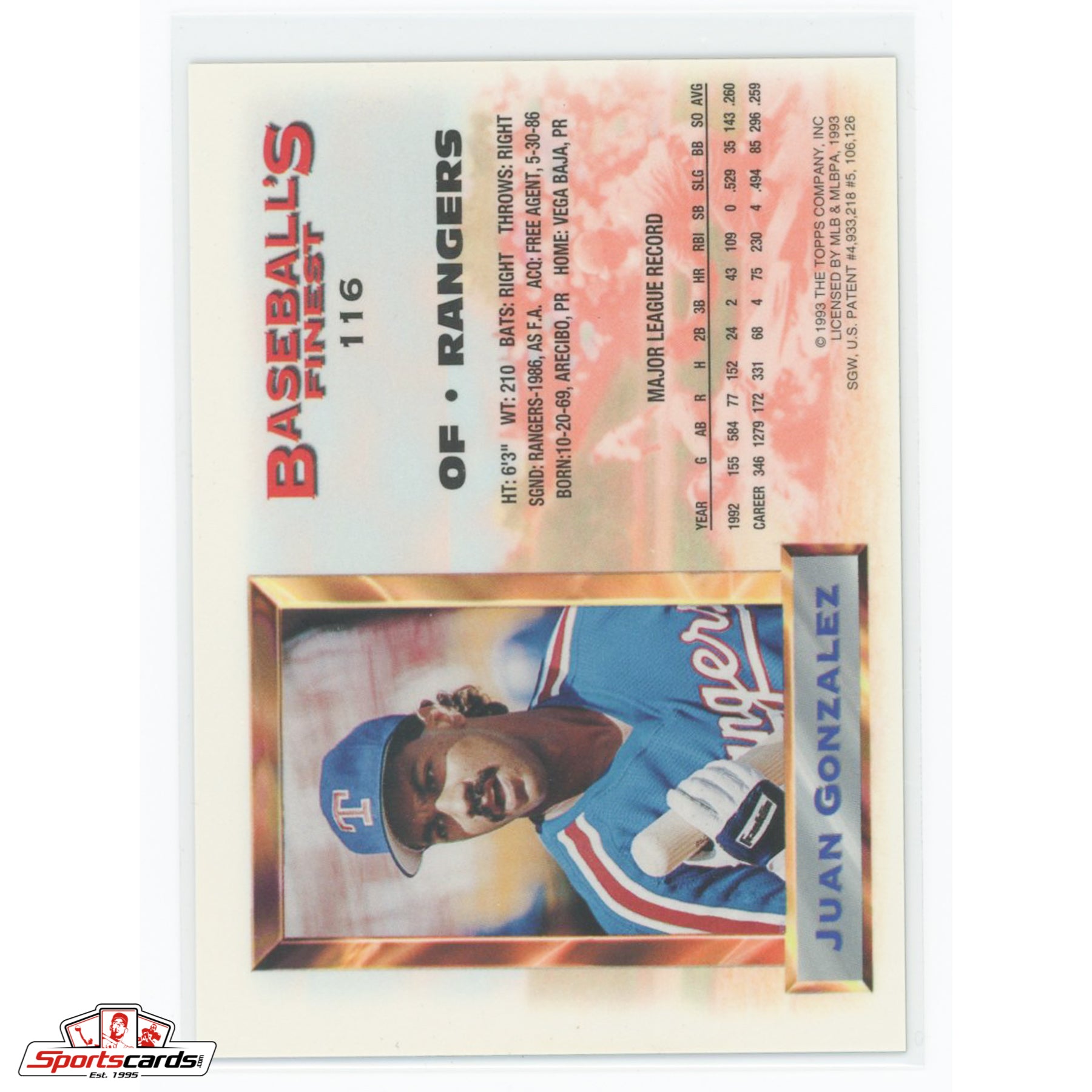 1993 Finest Juan Gonzalez Refractor #116 Texas Rangers