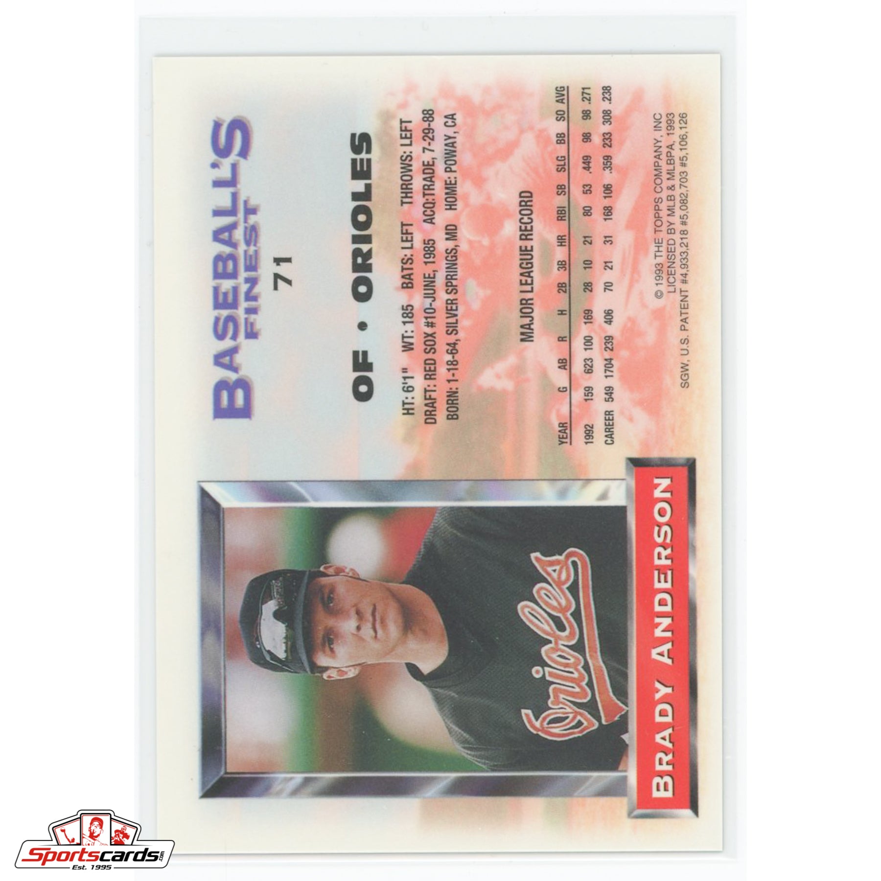 1993 Finest Brady Anderson Refractor #71 Baltimore Orioles