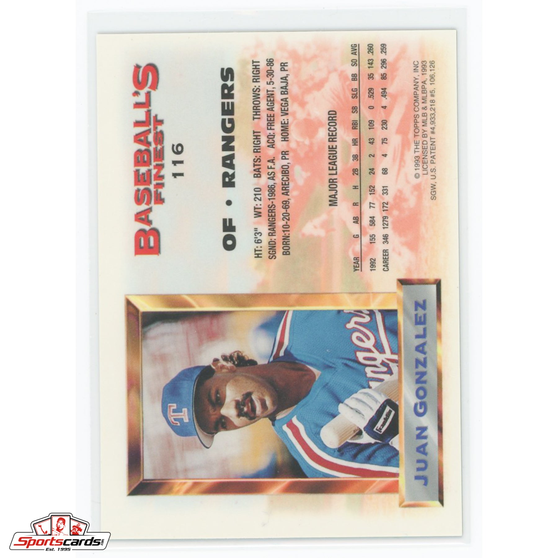 1993 Finest Juan Gonzalez Refractor #116 Texas Rangers