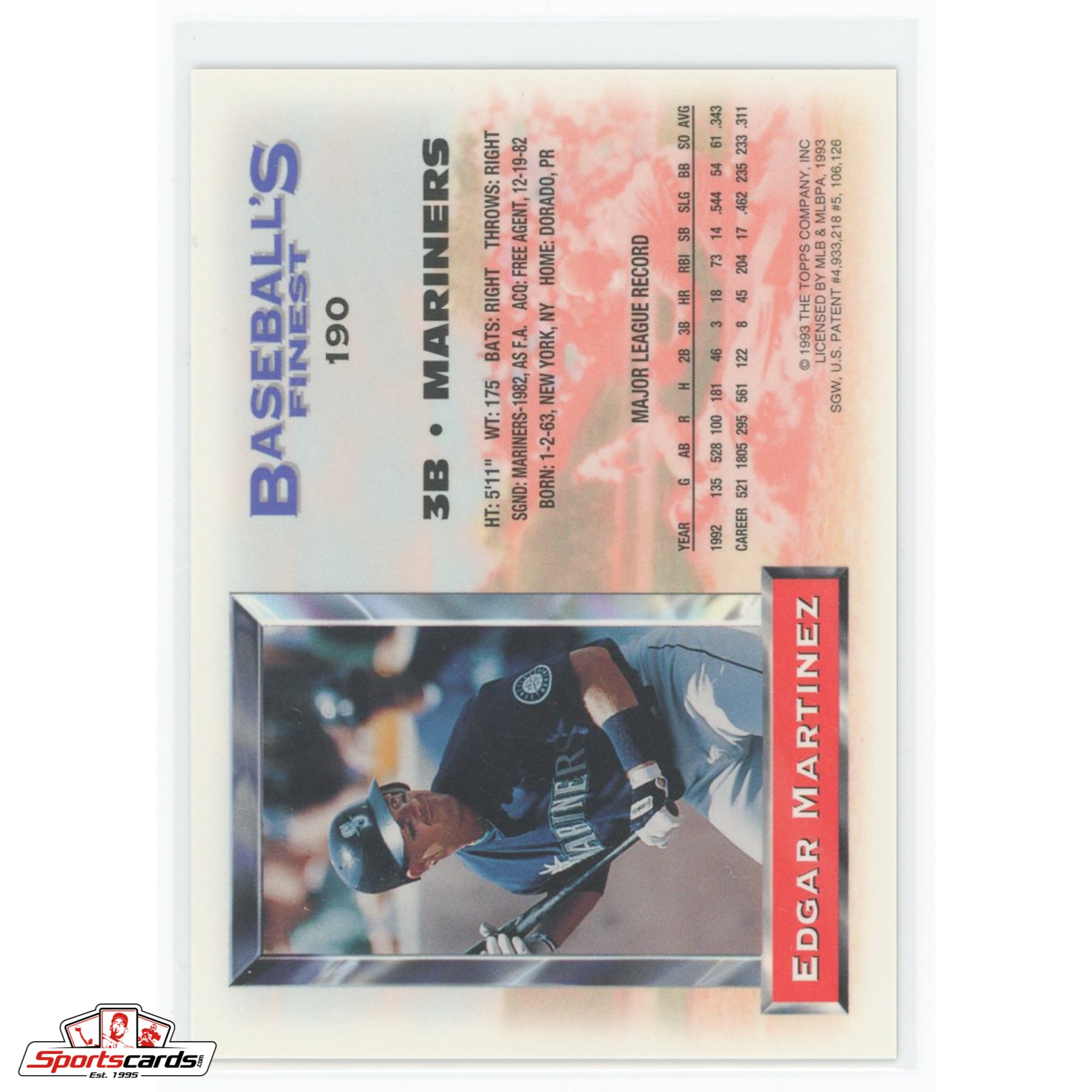 1993 Finest Edgar Martinez Refractor #190 Seattle Mariners