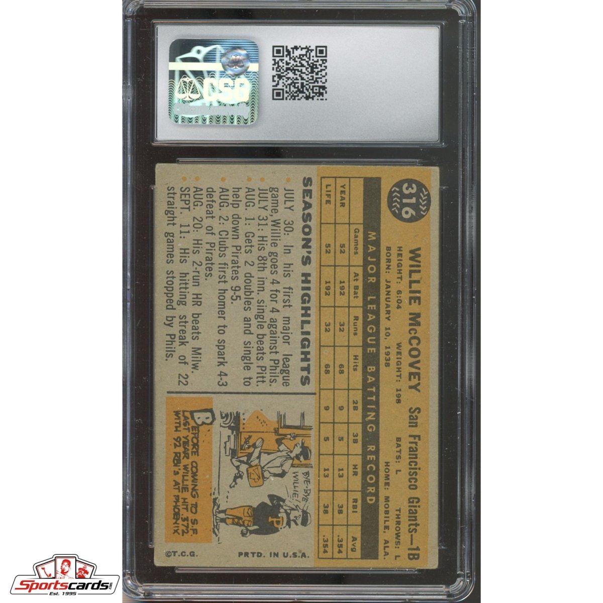 1960 Topps Willie McCovey #316 RC CSG 6 EX/NM Giants HOF