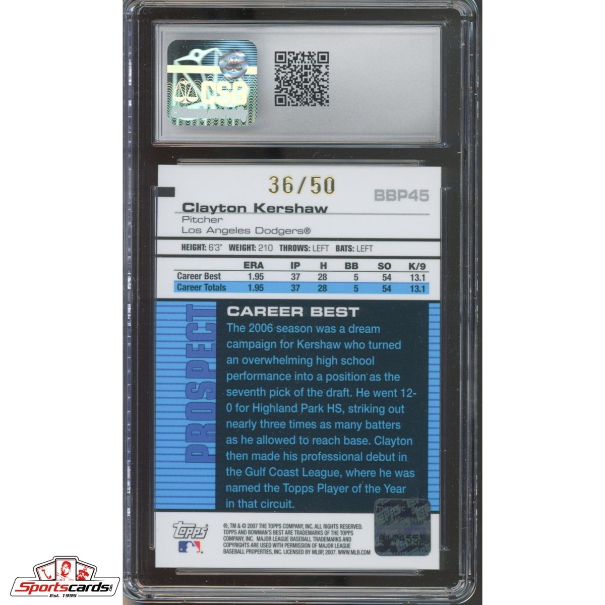 2007 Bowman&#39;s Best Prospects Clayton Kershaw Gold Auto #/ 50 #BBP45