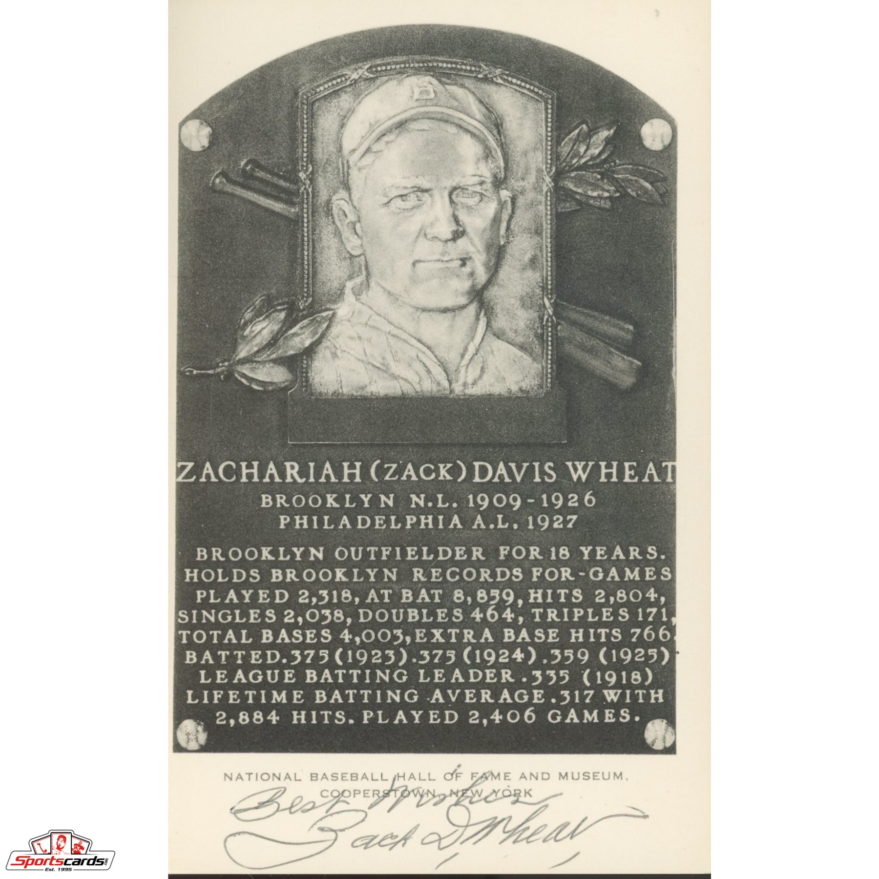 Zack Wheat Signed Auto HOF B&W Postcard Plaque Beckett BAS Dodgers