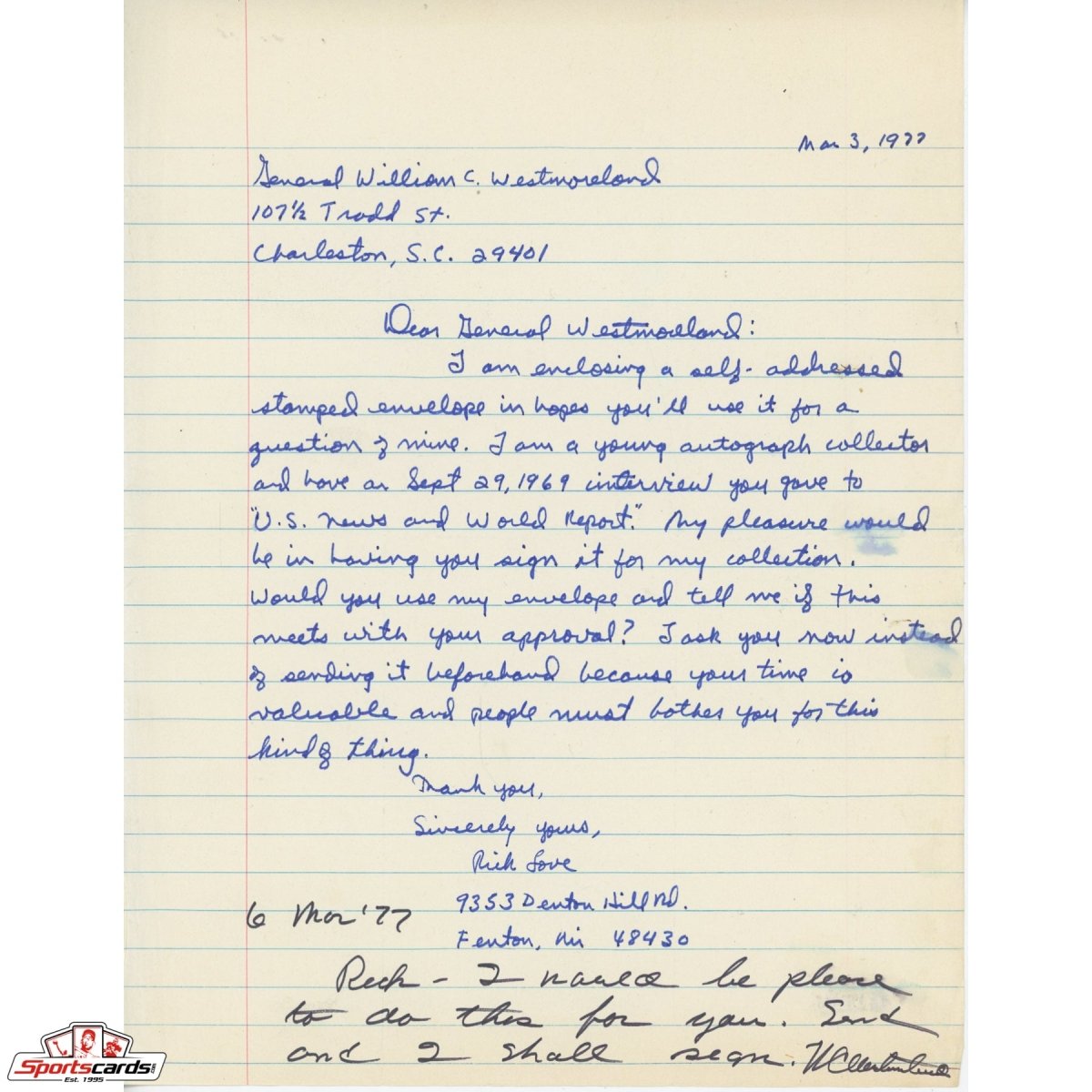 William Westmoreland Signed Auto Letter Note Beckett BAS Army