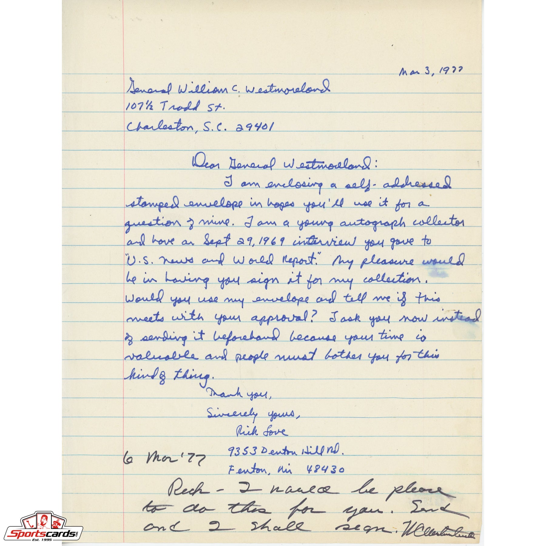 William Westmoreland Signed Auto Letter Note Beckett BAS Army