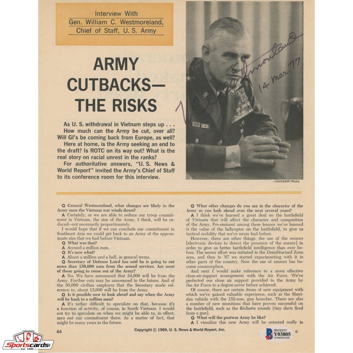 William Westmoreland Signed Auto Magazine Photo Beckett BAS Army