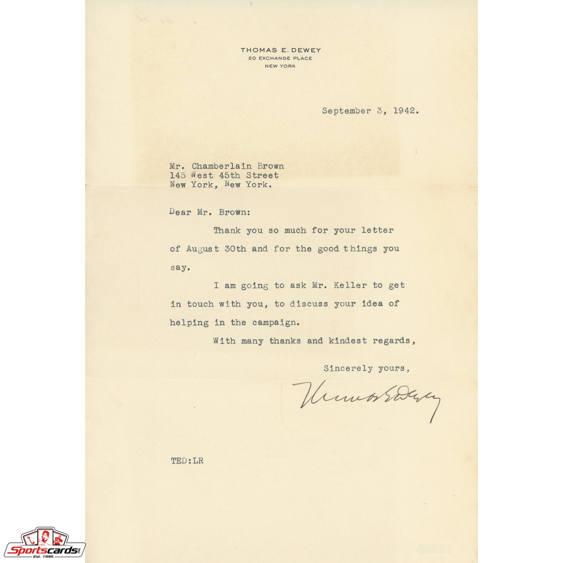 Thomas E. Dewey Signed Auto Letter TLS Presidential Candidate Truman PSA