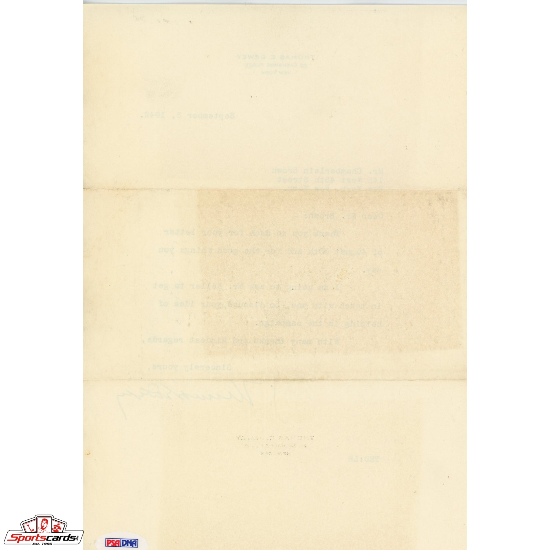 Thomas E. Dewey Signed Auto Letter TLS Presidential Candidate Truman PSA
