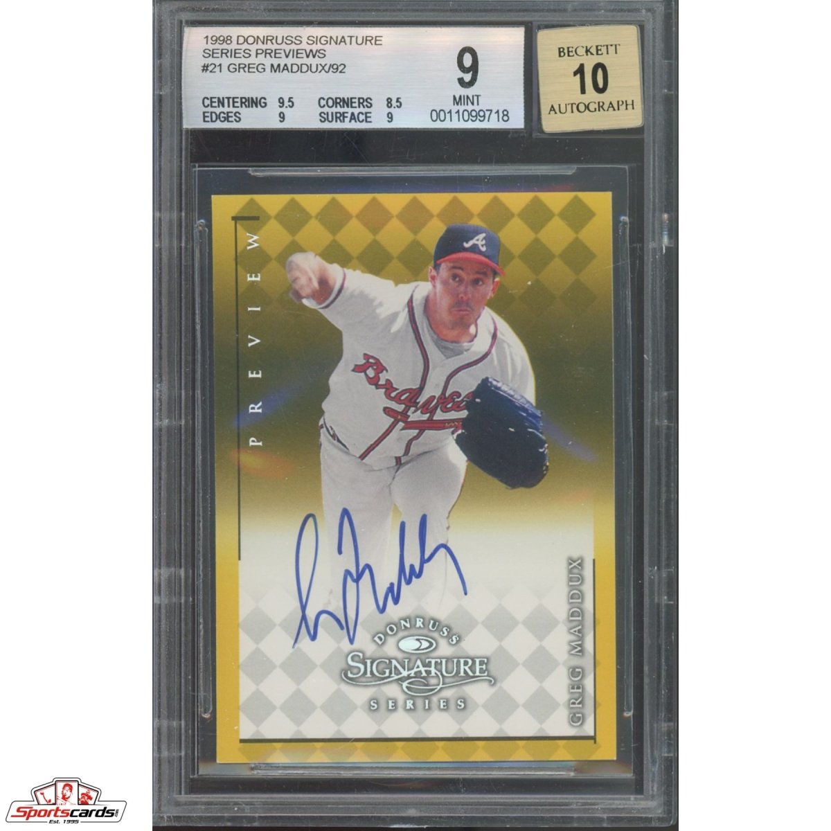 1998 Donruss Signature Previews Gold Greg Maddux Auto #21 BGS 9 w/ 10 Auto