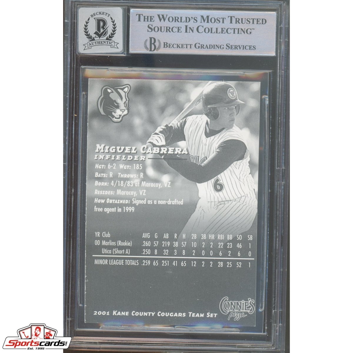 2001 Connie&#39;s Pizza #4 Miguel Cabrera RC Signed Auto Beckett BAS 9