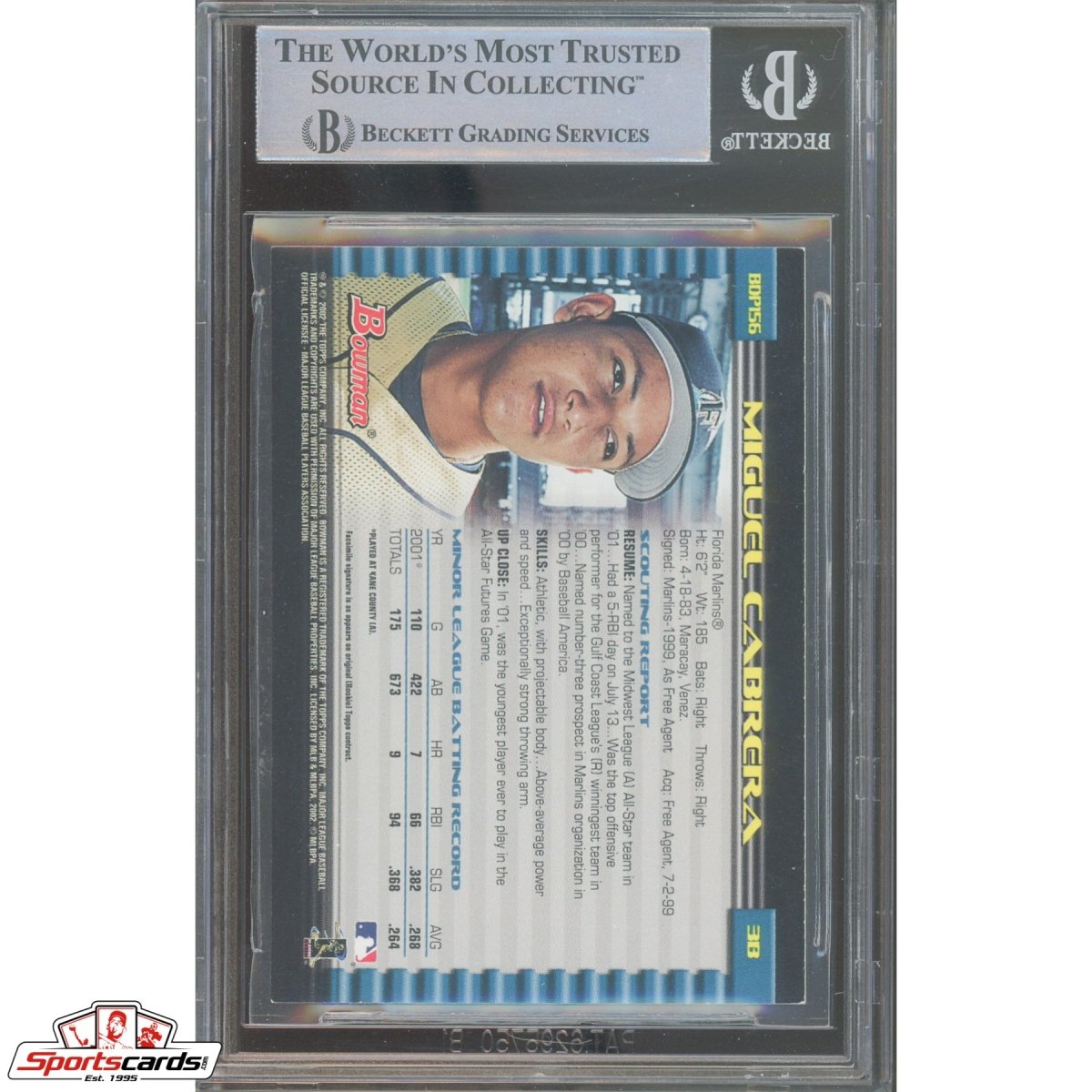 2002 Bowman Draft BDP156 Miguel Cabrera Signed Auto Beckett BAS