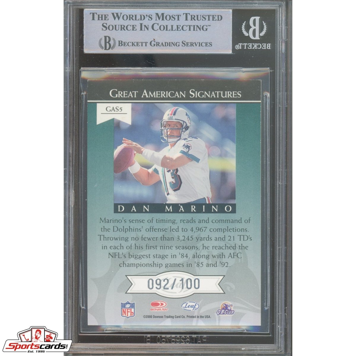 2000 Leaf R&amp;S Great American Signatures Dan Marino #GAS5 Auto #/100
