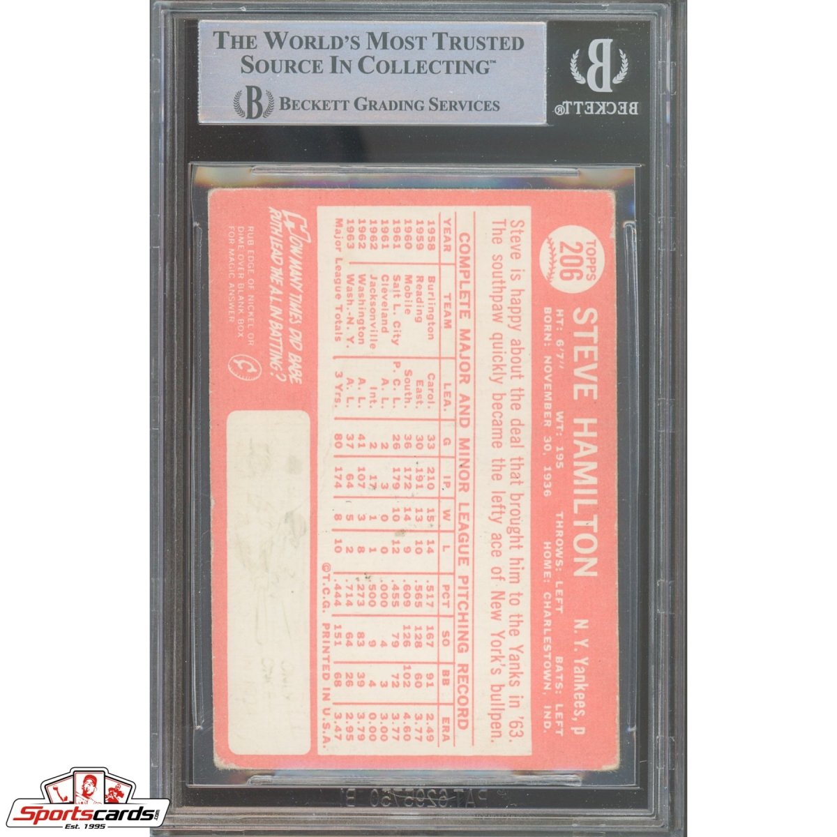 1964 Topps #206 Steve Hamilton Signed Auto Beckett BAS Yankees