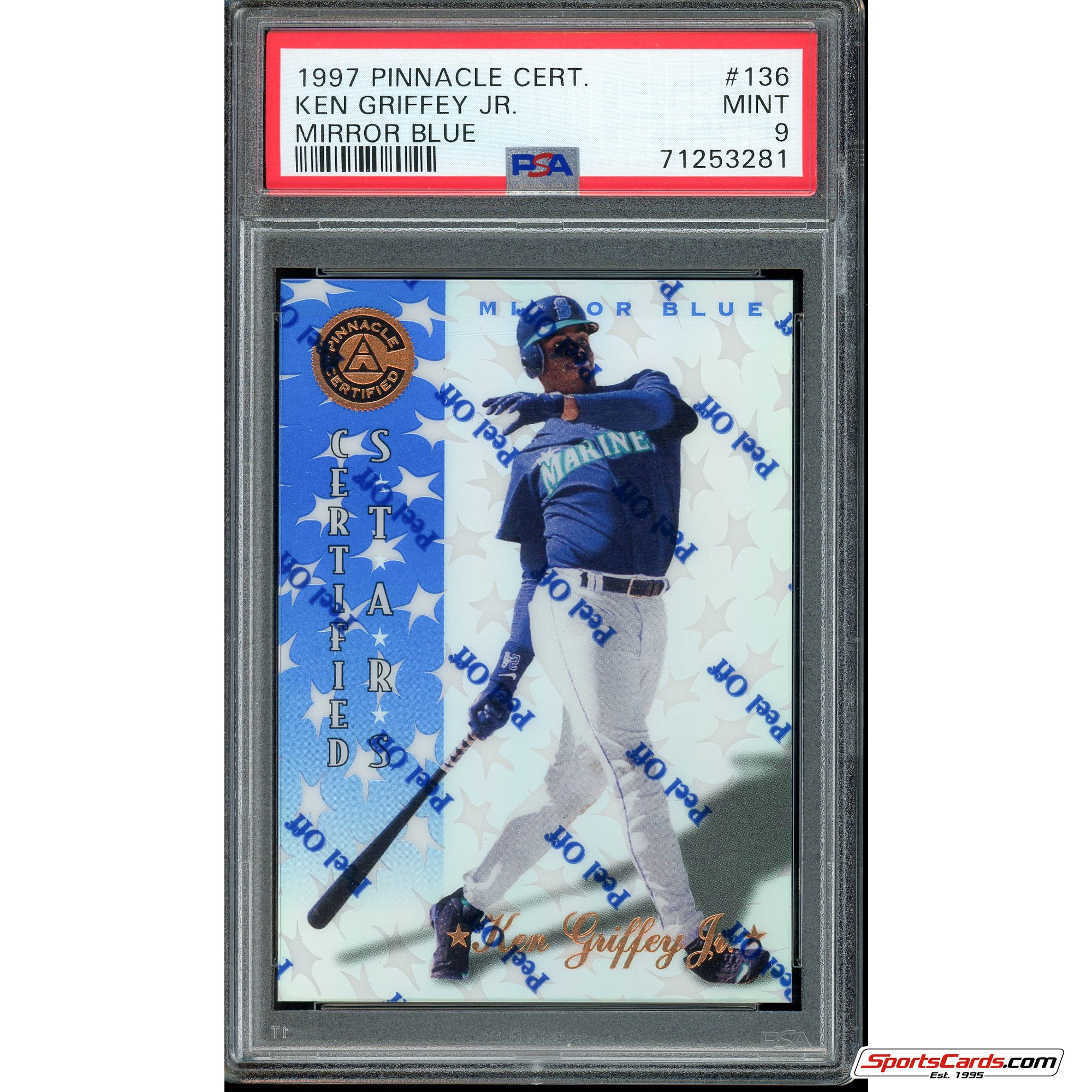 1997 PINNACLE CERTIFIED MIRROR BLUE #136 KEN GRIFFEY JR. HOF W/COATING PSA 9