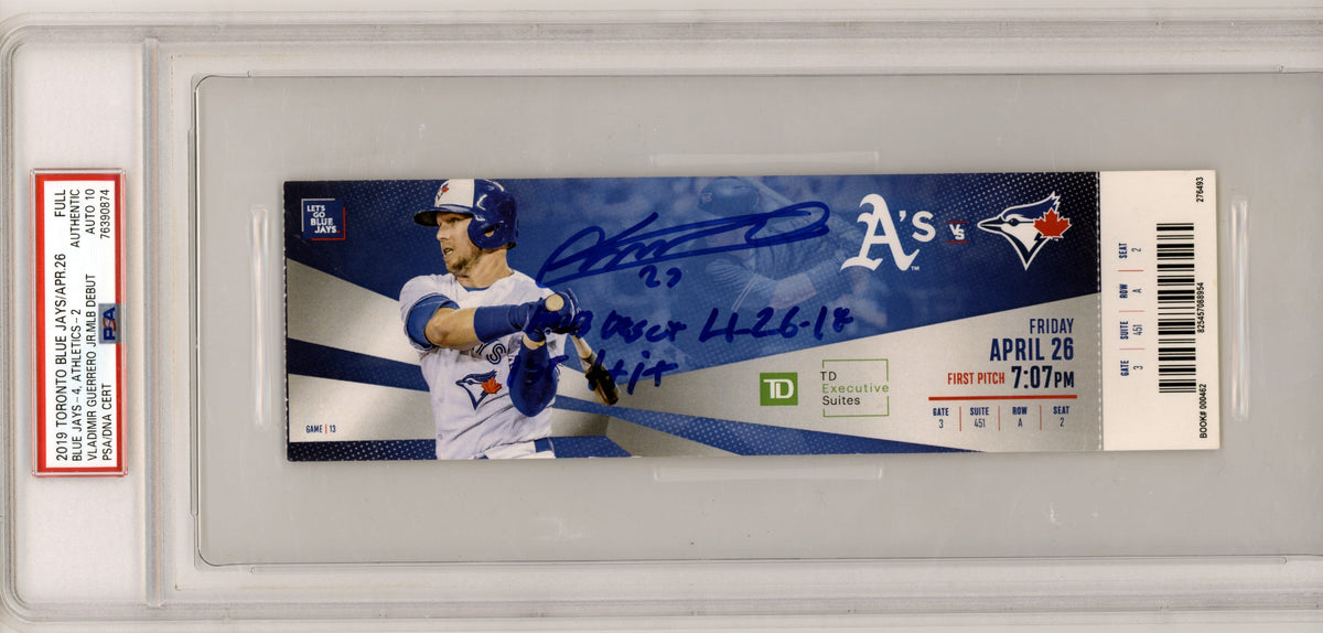 Vladimir Guerrero Jr. Signed MLB Debut &amp; First Hit Full Ticket 2 Ins PSA 10 Auto