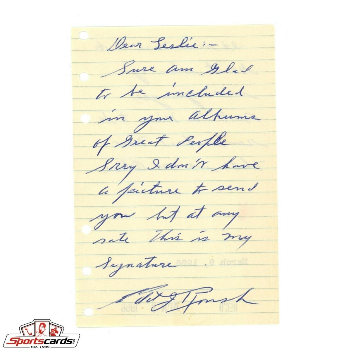 Edd Roush 1956 Signed Handwritten Letter Cincinnati Reds HOFer