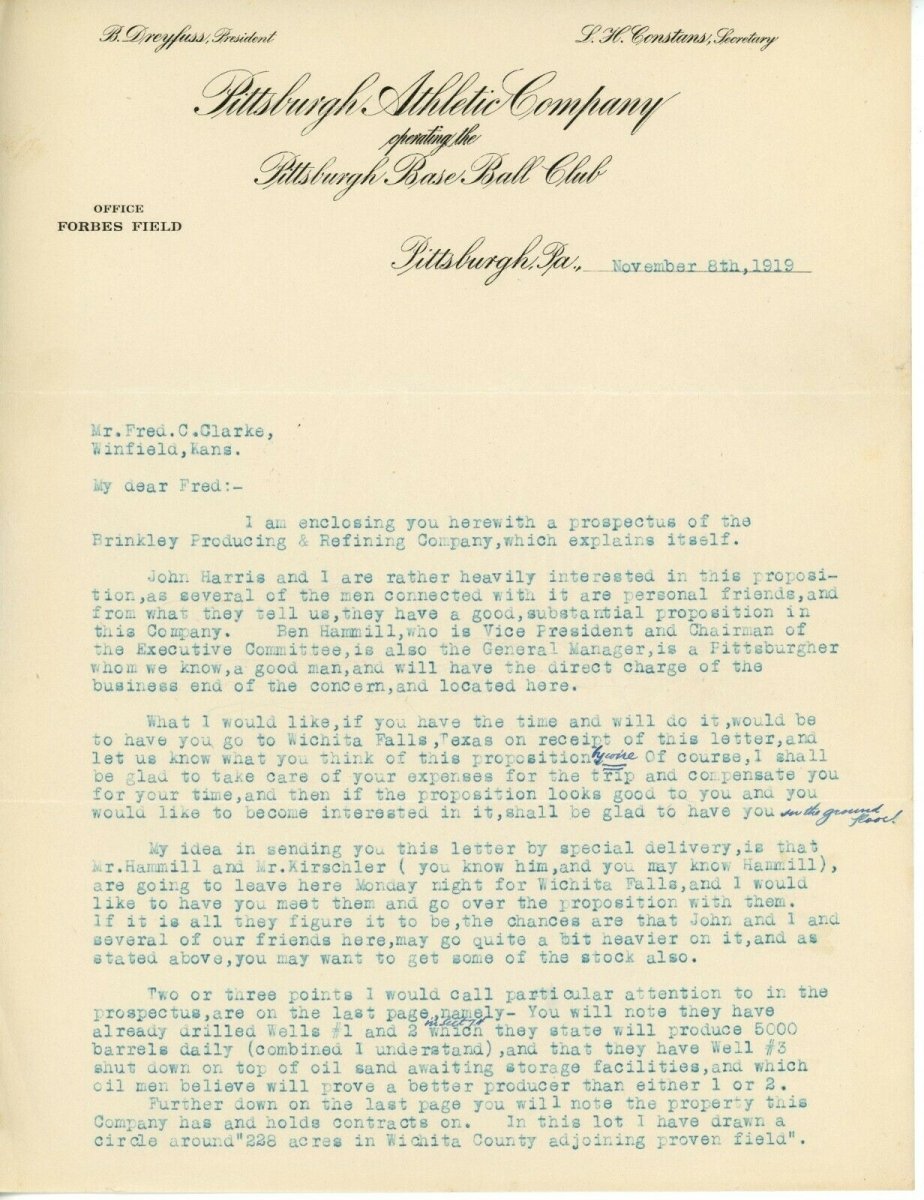 Barney Dreyfuss Pittsburgh Pirates Signed Auto Letter to HOFer Fred Clarke JSA