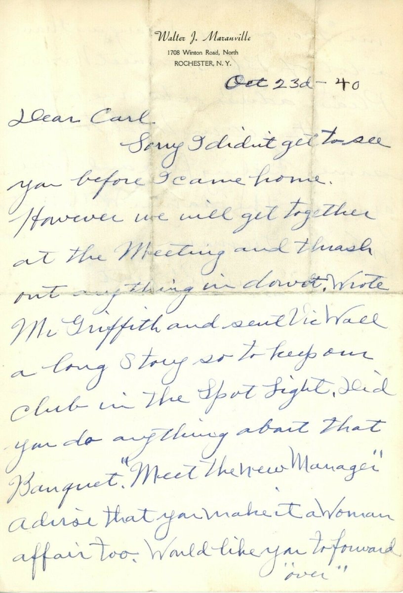 Rabbit Maranville Signed Autographed Handwritten Letter HOF