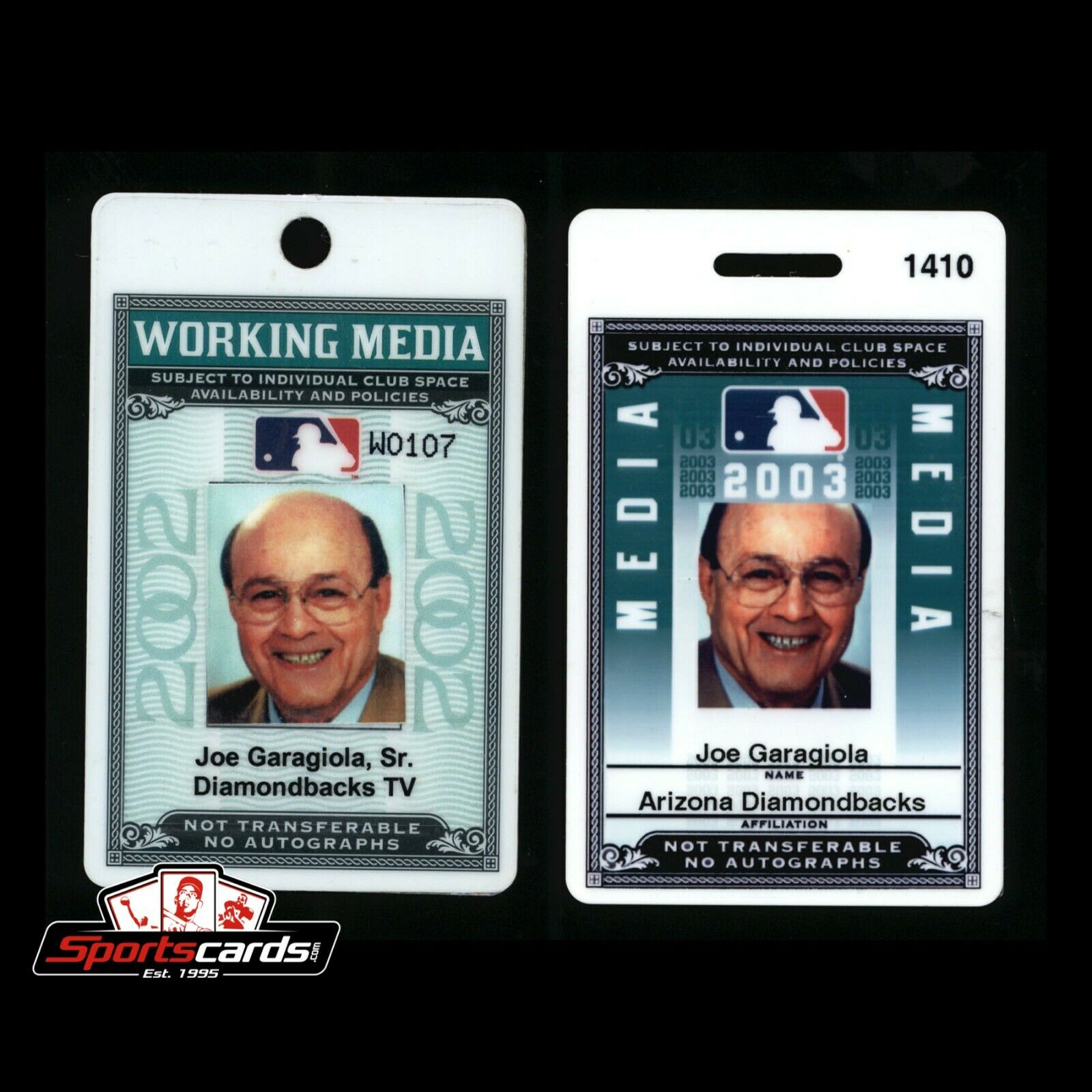 Joe Garagiola 2002 and  2003 MLB Media Pass Arizona Diamondbacks