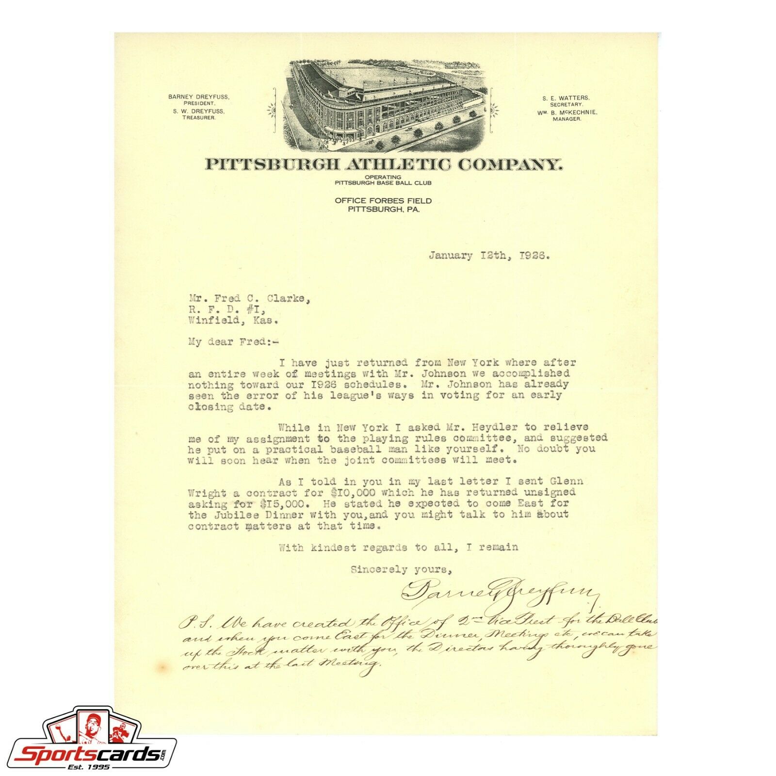 Barney Dreyfuss Signed Letter to HOFer Fred Clarke on Pittsburgh Pirates Station