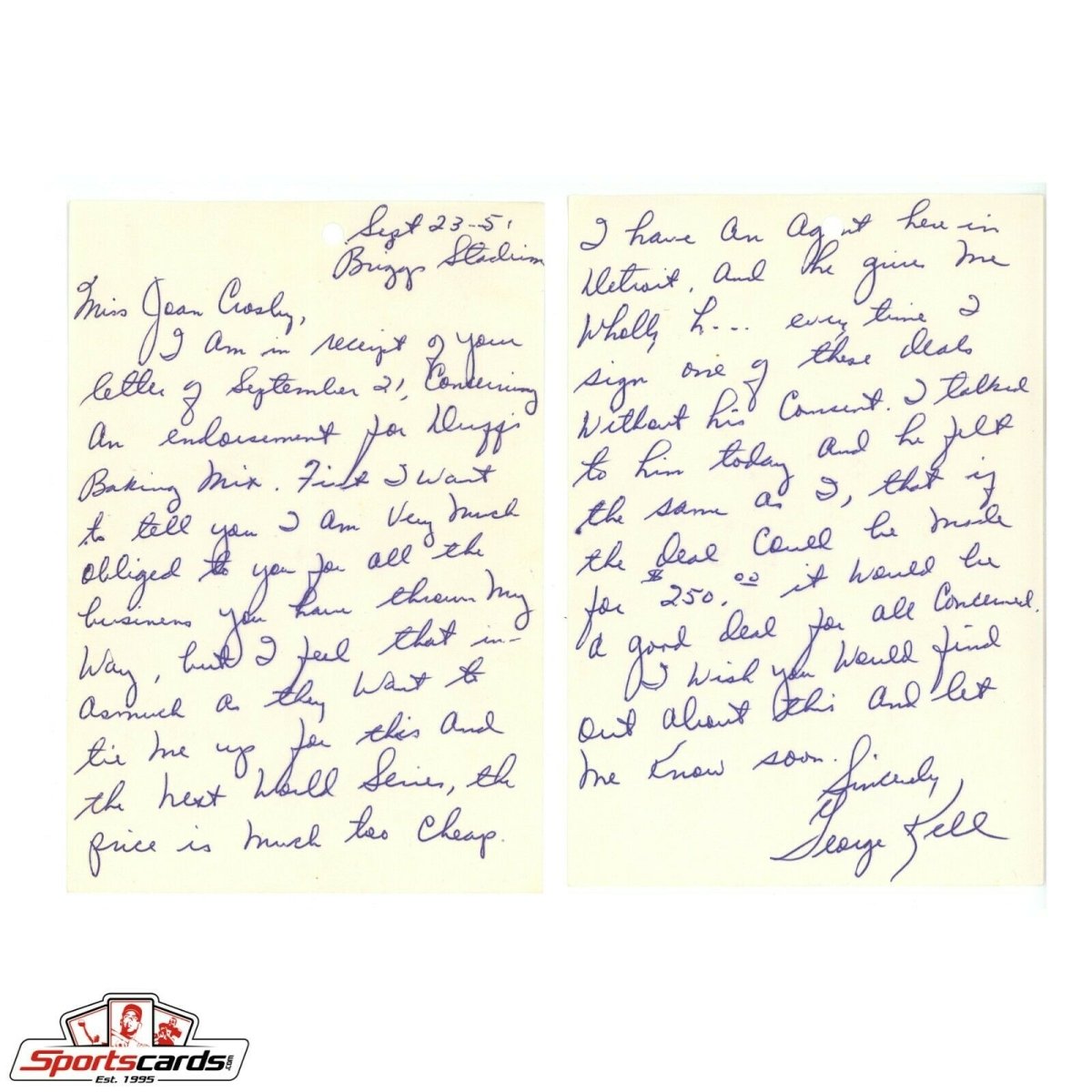 George Kell Signed Handwritten 1951 Letter Detroit Tigers