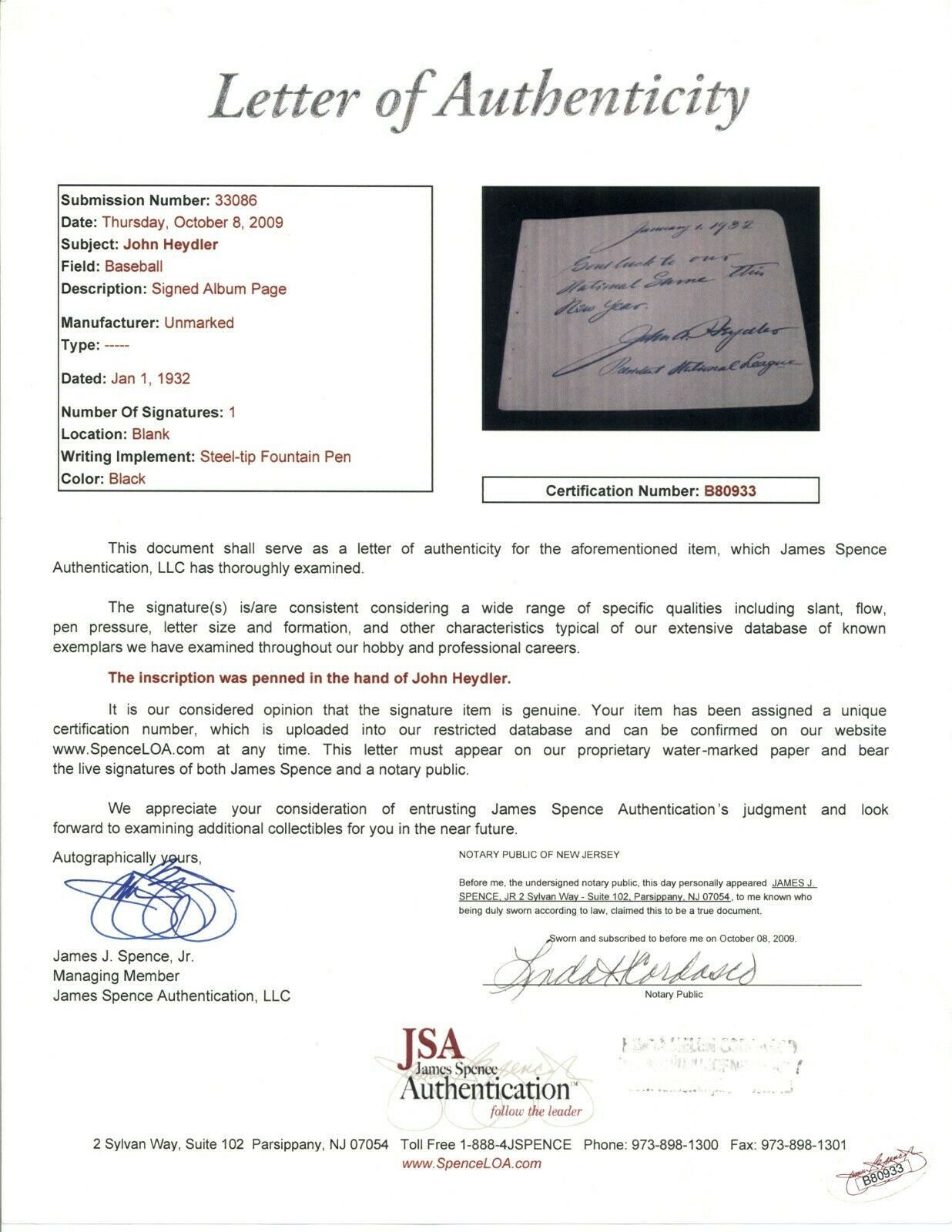 JOHN HEYDLER President NL Baseball Signed Letter Autograph Handwritten JSA LOA