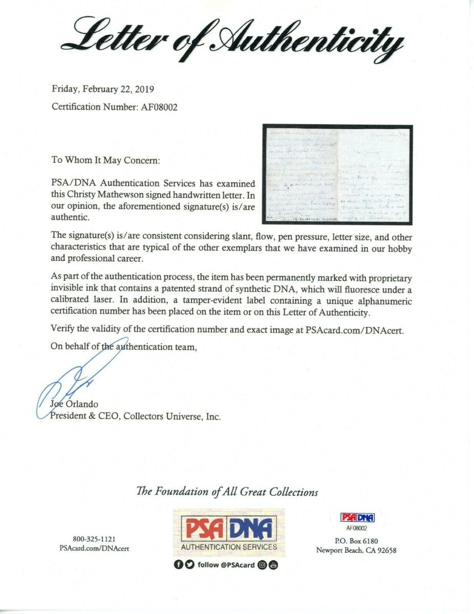 Christy Mathewson 1900 Rookie Handwritten Signed Auto Letter BAS JSA PSA LOAs