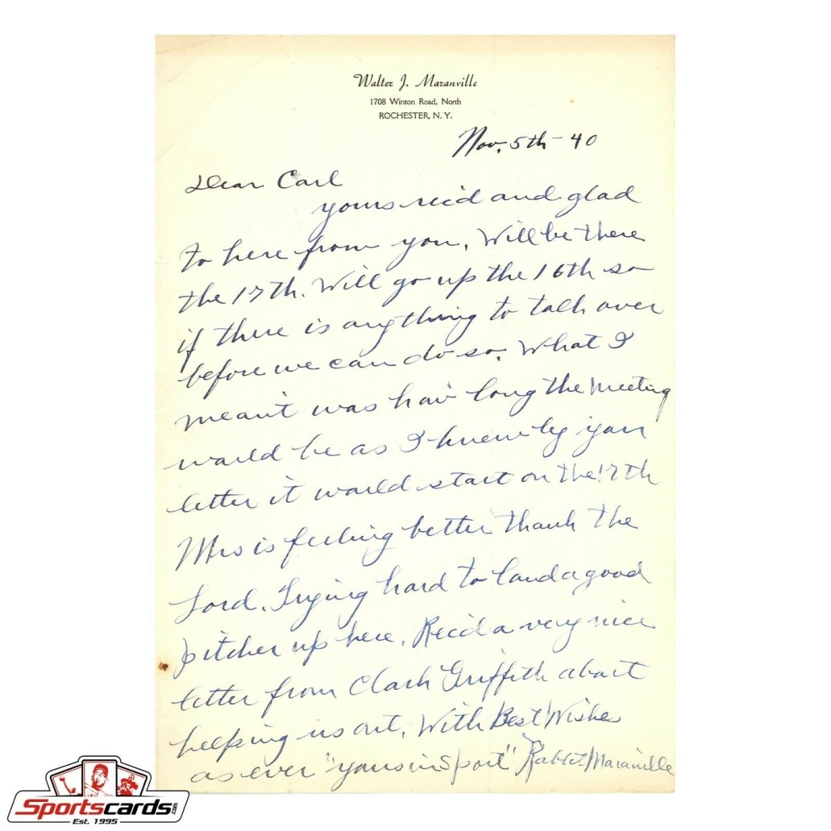 Rabbit Maranville Signed Autographed Handwritten Letter HOF