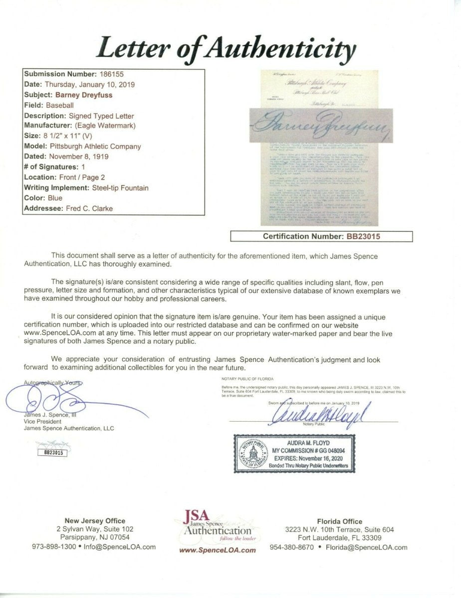 Barney Dreyfuss Pittsburgh Pirates Signed Auto Letter to HOFer Fred Clarke JSA