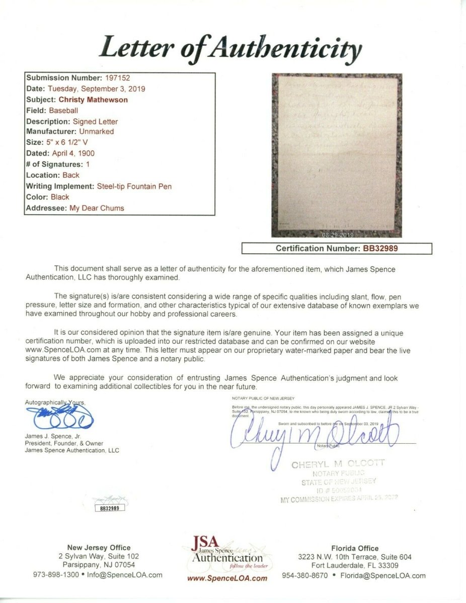 Christy Mathewson 1900 Rookie Handwritten Signed Auto Letter BAS JSA PSA LOAs