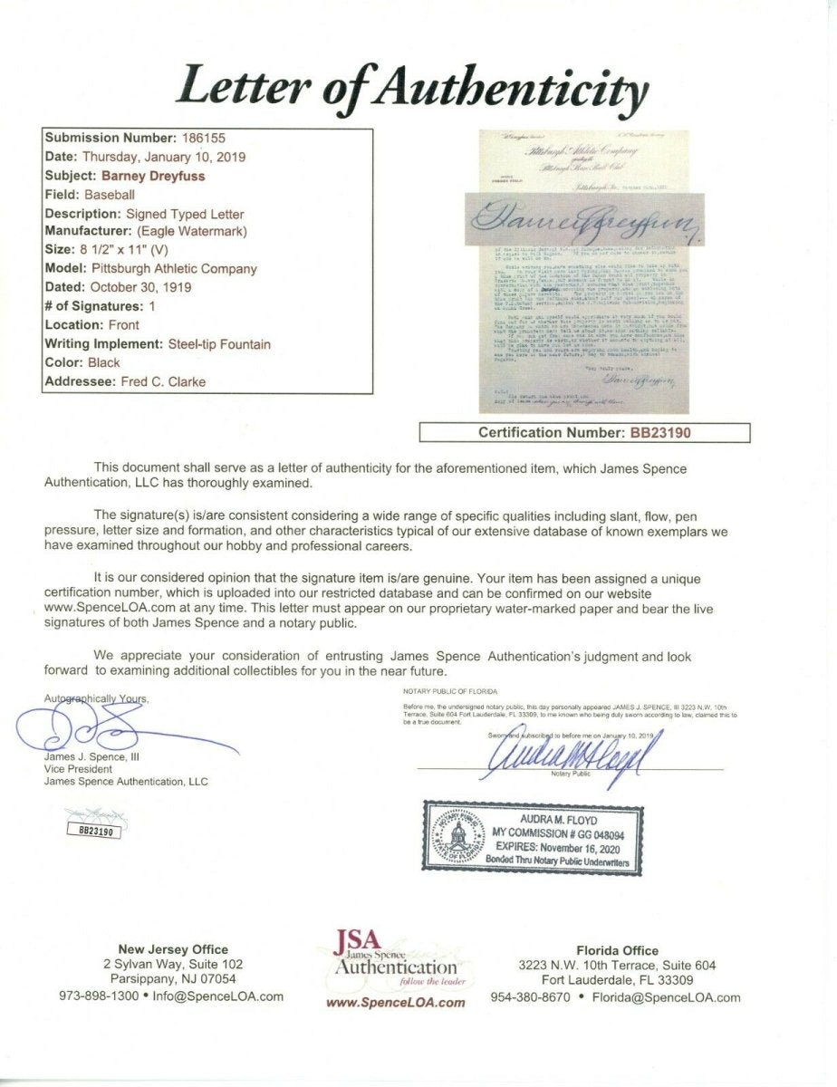 Barney Dreyfuss Pittsburgh Pirates Signed Auto Letter to HOFer Fred Clarke JSA