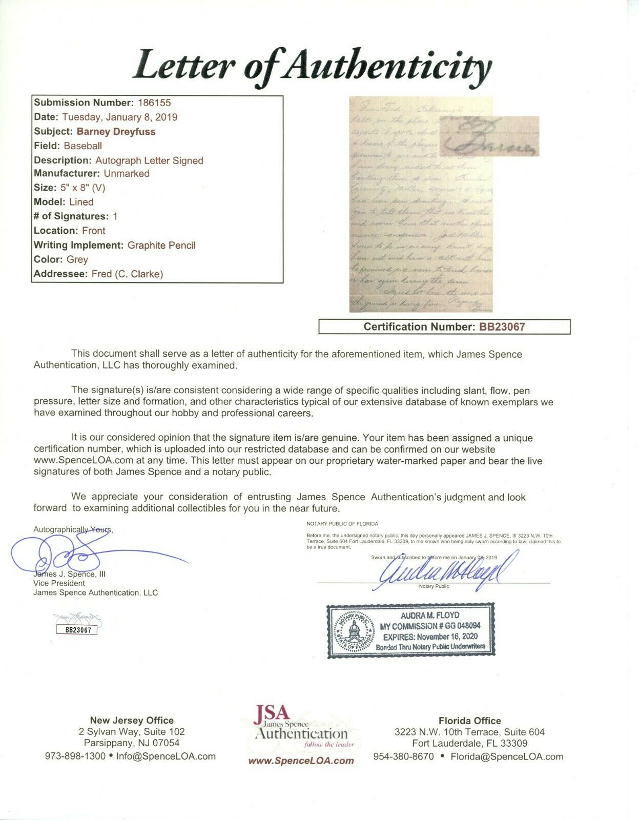 Barney Dreyfuss Pittsburgh Pirates Signed Auto Letter to HOFer Fred Clarke JSA
