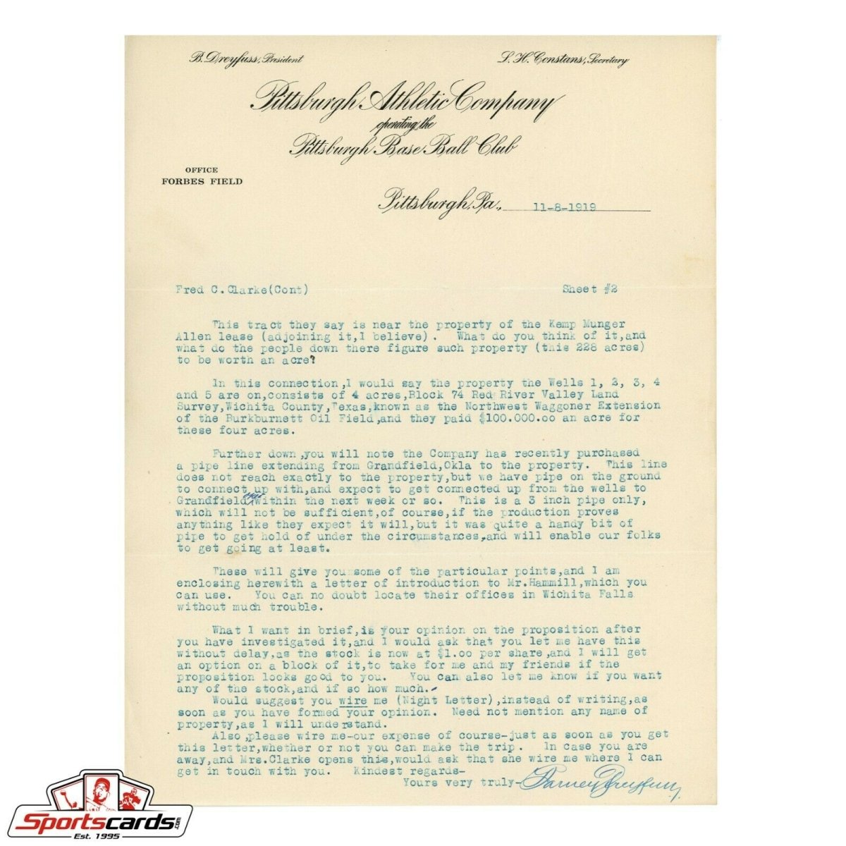 Barney Dreyfuss Pittsburgh Pirates Signed Auto Letter to HOFer Fred Clarke JSA