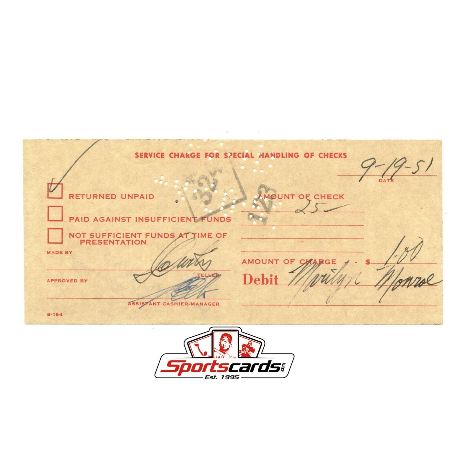 Marilyn Monroe Bank Issue Service Charge Receipt Dated 9-19-51