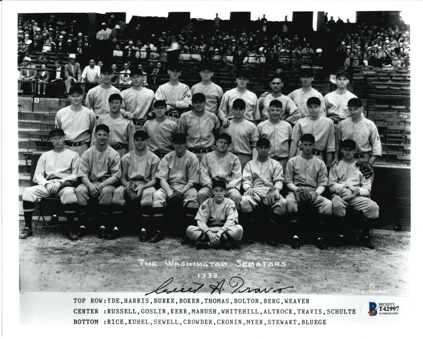 Cecil Travis Signed 8x10 Photo BAS Auto 1933 Senators Team Photo Beckett