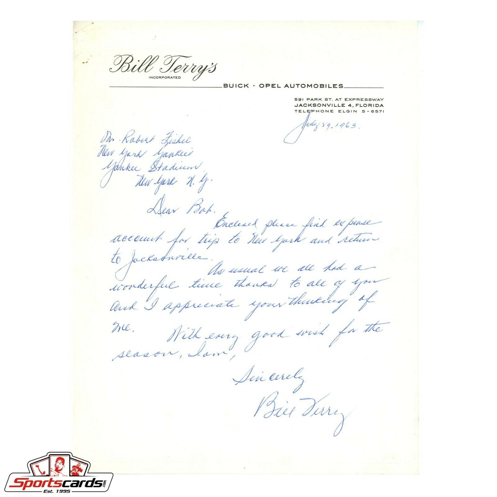 1963 Bill Terry Signed Auto Handwritten Letter to NY Yankees