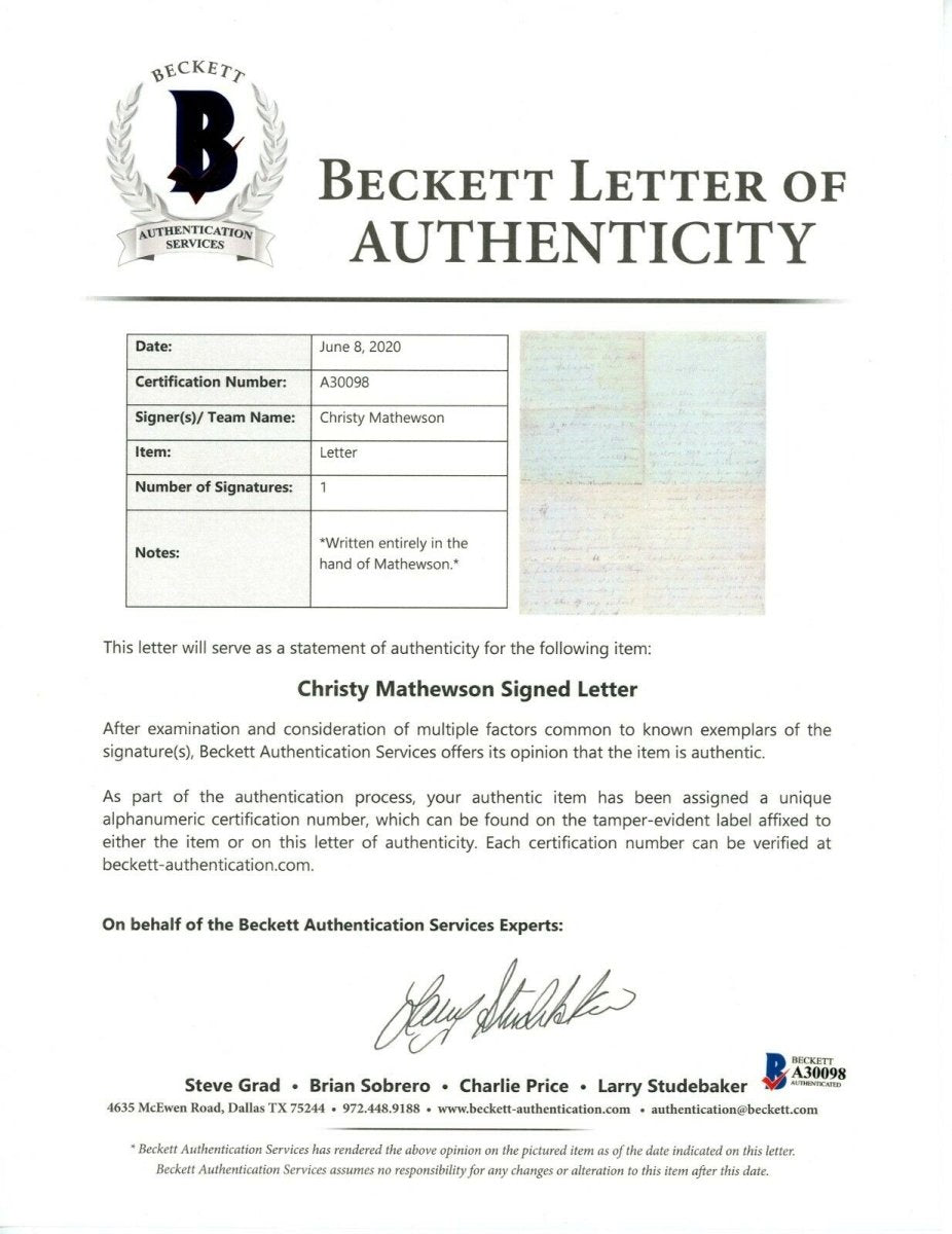 Christy Mathewson 1900 Rookie Handwritten Signed Auto Letter BAS JSA PSA LOAs