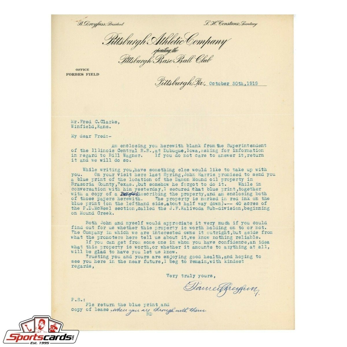 Barney Dreyfuss Pittsburgh Pirates Signed Auto Letter to HOFer Fred Clarke JSA