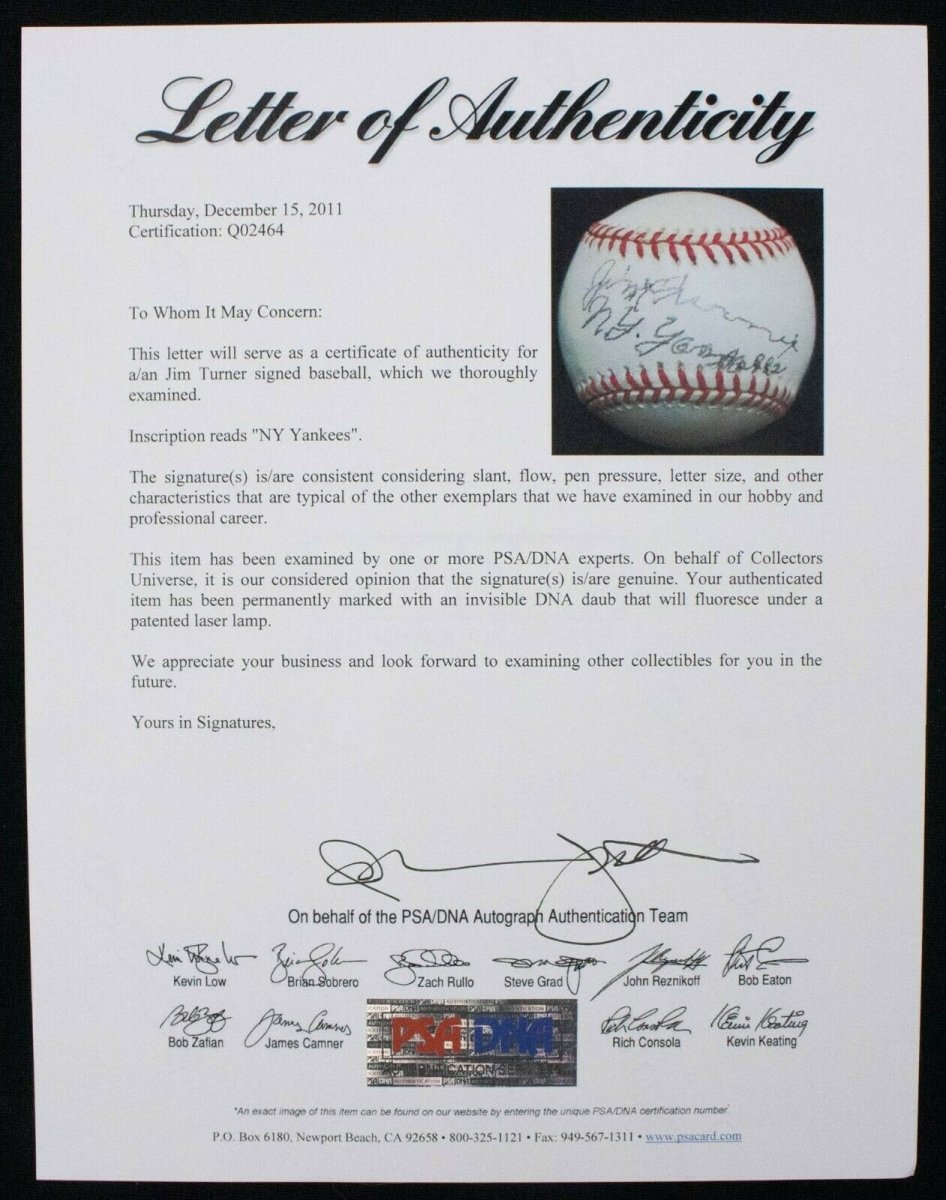 Jim Turner Signed OAL Baseball New York Yankees D.1998 PSA LOA
