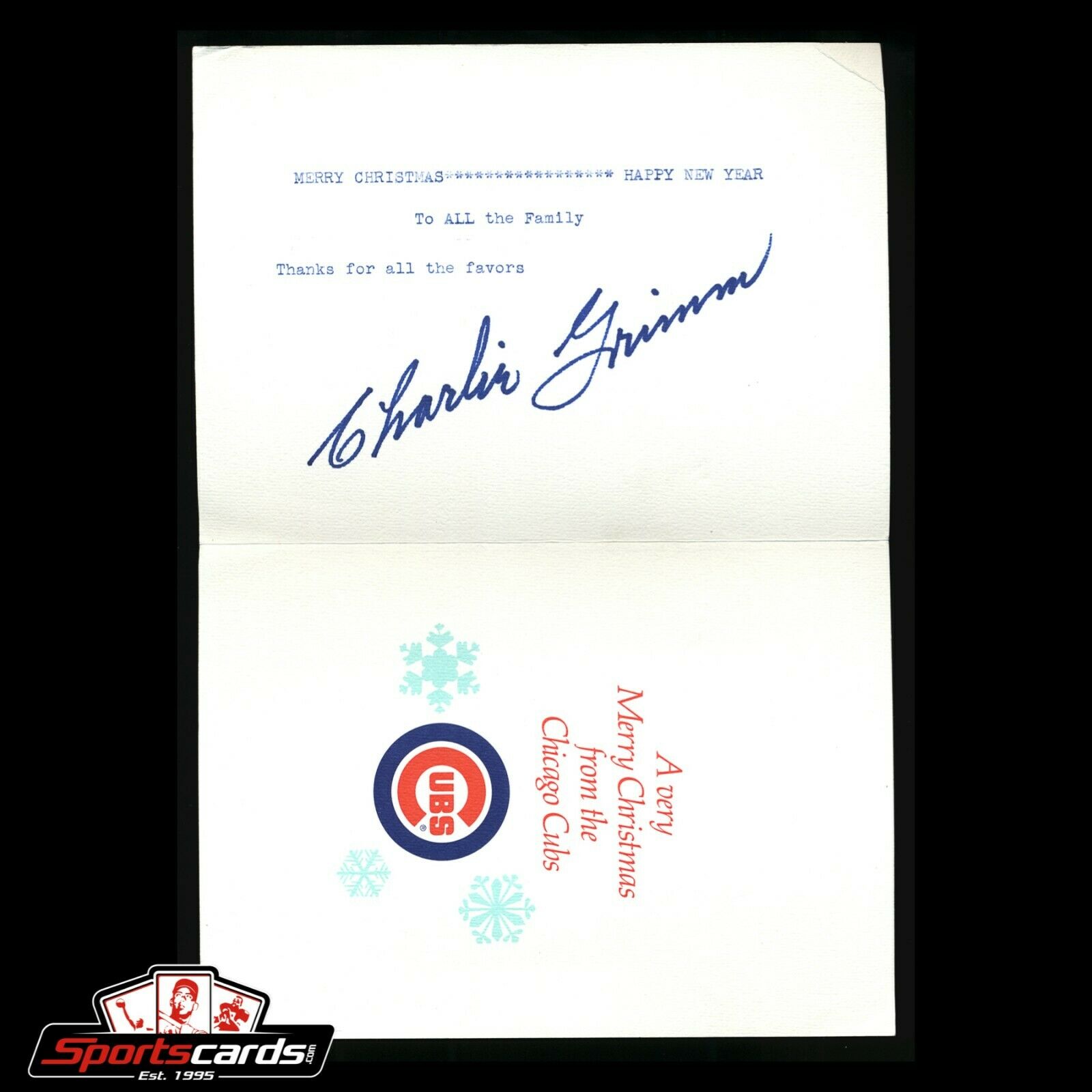 Charlie Grimm Signed Chicago Cubs Christmas Card BAS Beckett Auto