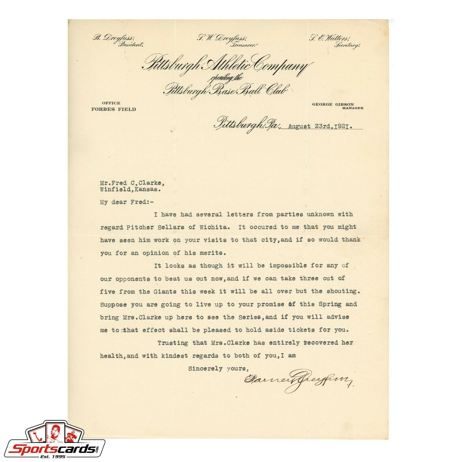 Barney Dreyfuss Pittsburgh Pirates Signed Auto Letter to HOFer Fred Clarke JSA