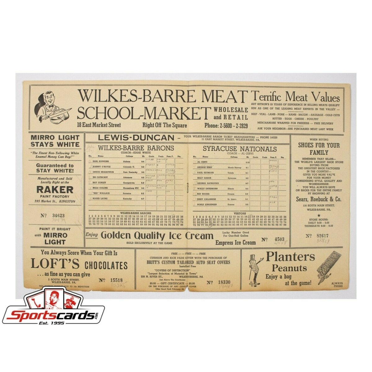 Signed 1952 Basketball Souvenir Program Barons vs Nationals Red Rocha, Schayes