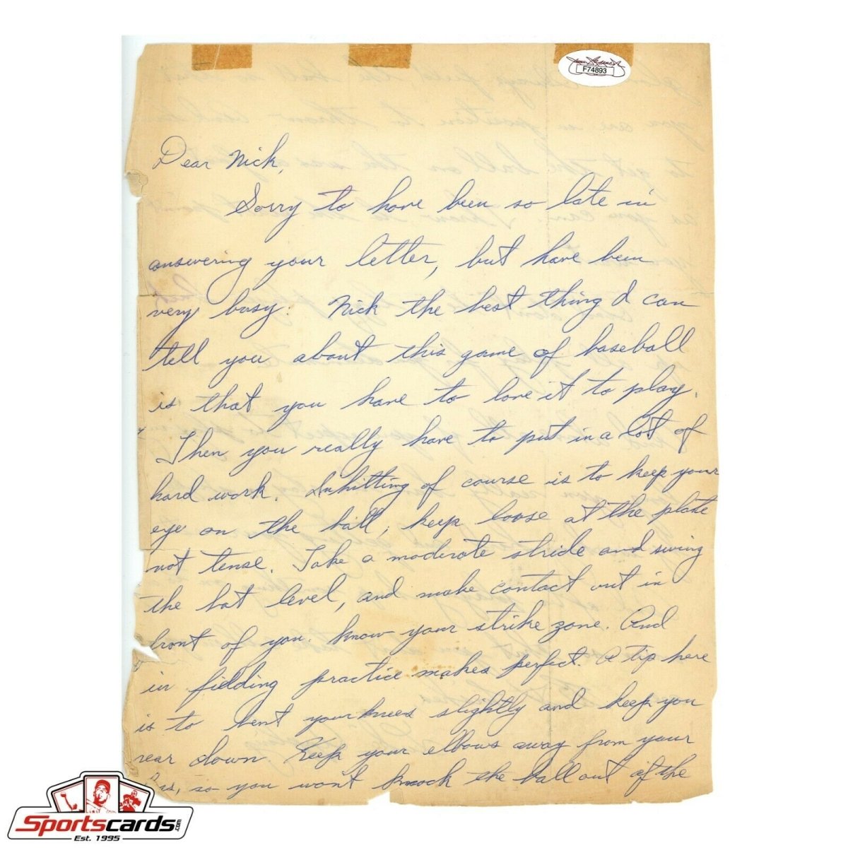 Luke Appling Signed Handwritten Autographed Letter JSA