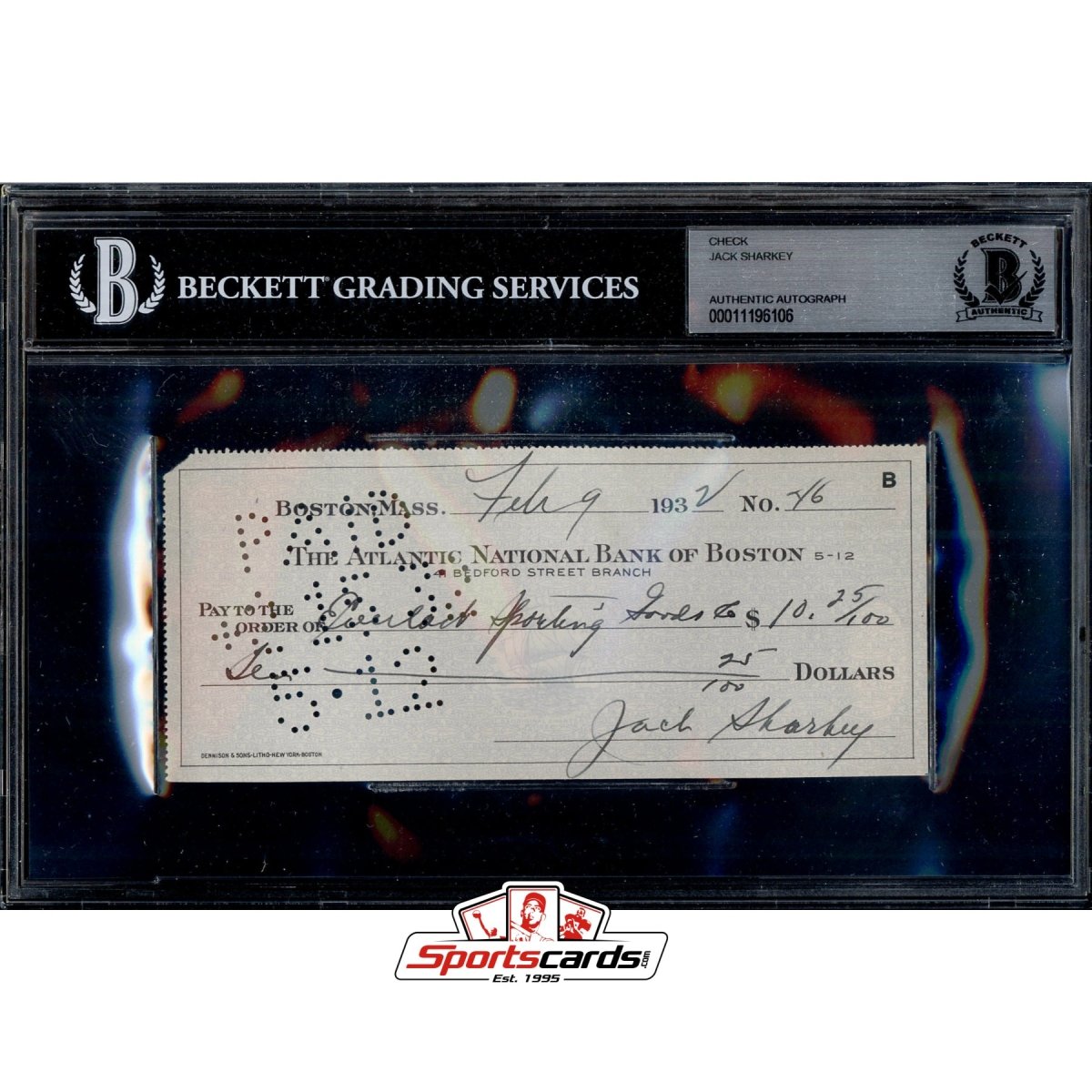 Jack Sharkey Signed Autographed Check BGS JSA