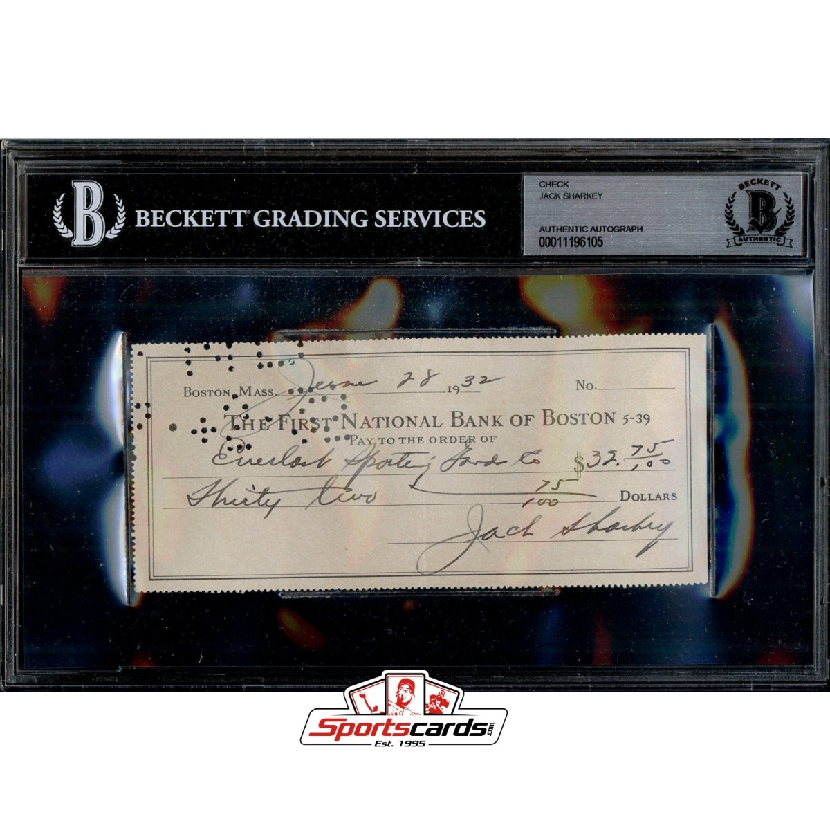 Jack Sharkey Signed Autographed Check BGS JSA